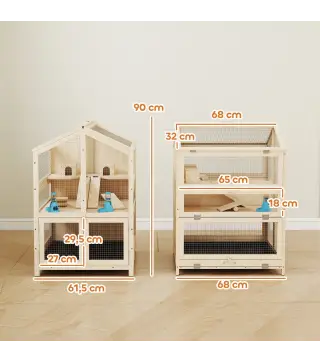 Jaula para Hámster de Madera de 3 Niveles con Bebederos Casetas Balancines Bandeja Extraíble y Tapas Abatibles Natural