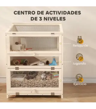 Jaula para Hámster de Madera de 3 Niveles con Bebederos Casetas Balancines Bandeja Extraíble y Tapas Abatibles Natural