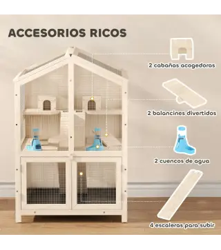 Jaula para Hámster de Madera de 3 Niveles con Bebederos Casetas Balancines Bandeja Extraíble y Tapas Abatibles Natural