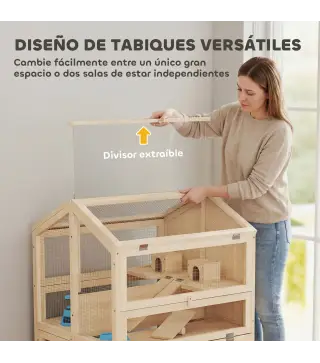 Jaula para Hámster de Madera de 3 Niveles con Bebederos Casetas Balancines Bandeja Extraíble y Tapas Abatibles Natural