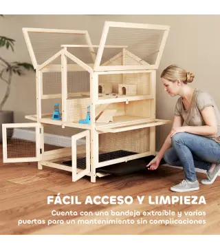 Jaula para Hámster de Madera de 3 Niveles con Bebederos Casetas Balancines Bandeja Extraíble y Tapas Abatibles Natural