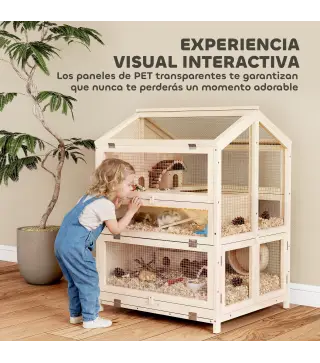 Jaula para Hámster de Madera de 3 Niveles con Bebederos Casetas Balancines Bandeja Extraíble y Tapas Abatibles Natural
