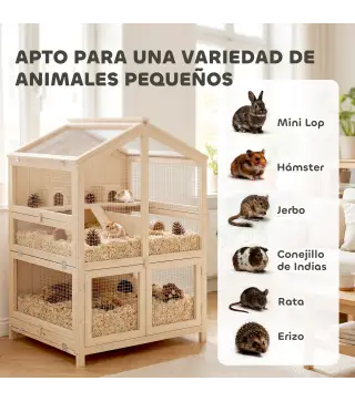 Jaula para Hámster de Madera de 3 Niveles con Bebederos Casetas Balancines Bandeja Extraíble y Tapas Abatibles Natural