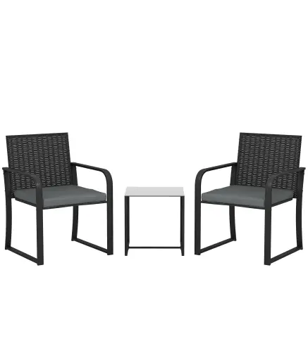 Conjunto de Muebles de Jardín de Ratán Sintético con 2 Sillas con Cojines y Mesa con Tablero de Vidrio Gris
