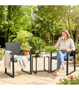 Conjunto de Muebles de Jardín de Ratán Sintético con 2 Sillas con Cojines y Mesa con Tablero de Vidrio Gris
