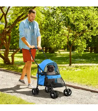 Cochecito para Perros Pequeños Plegable con Ventanas de Malla Cojín Lavable Correas de Seguridad y Marco de Acero Azul