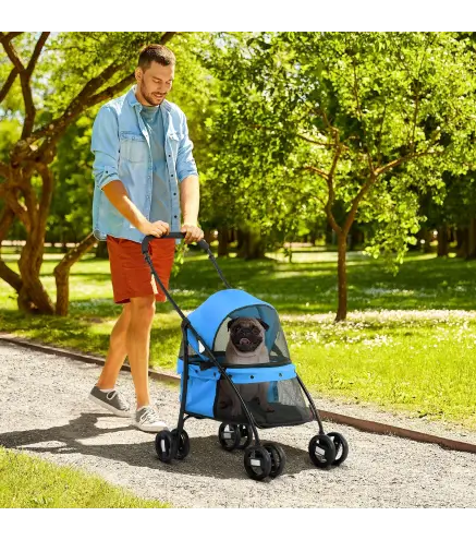 Cochecito para Perros Pequeños Plegable con Ventanas de Malla Cojín Lavable Correas de Seguridad y Marco de Acero Azul