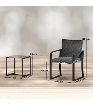 Conjunto de Muebles de Jardín de Ratán Sintético con 2 Sillas con Cojines y Mesa con Tablero de Vidrio Gris