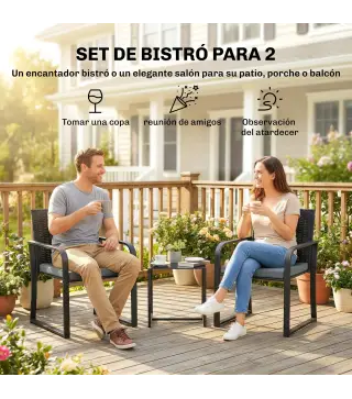 Conjunto de Muebles de Jardín de Ratán Sintético con 2 Sillas con Cojines y Mesa con Tablero de Vidrio Gris