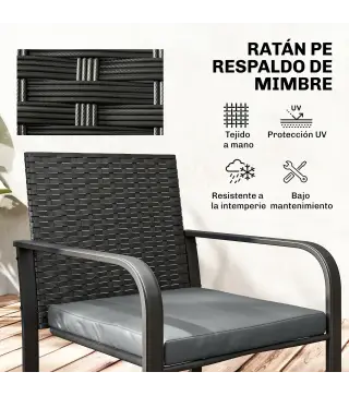 Conjunto de Muebles de Jardín de Ratán Sintético con 2 Sillas con Cojines y Mesa con Tablero de Vidrio Gris