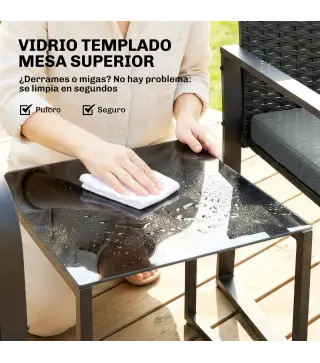 Conjunto de Muebles de Jardín de Ratán Sintético con 2 Sillas con Cojines y Mesa con Tablero de Vidrio Gris