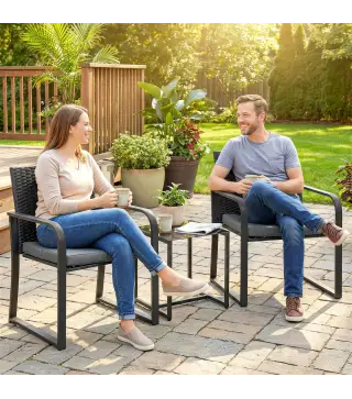 Conjunto de Muebles de Jardín de Ratán Sintético con 2 Sillas con Cojines y Mesa con Tablero de Vidrio Gris