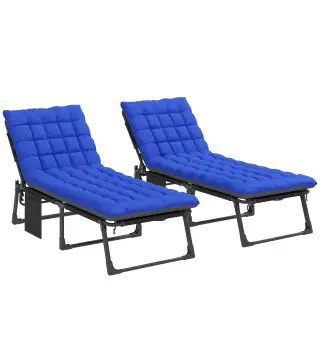Set de 2 Tumbonas Plegables con Reposacabezas Cojines Bolsillo Lateral y Respaldo Reclinable 5 Posiciones Azul