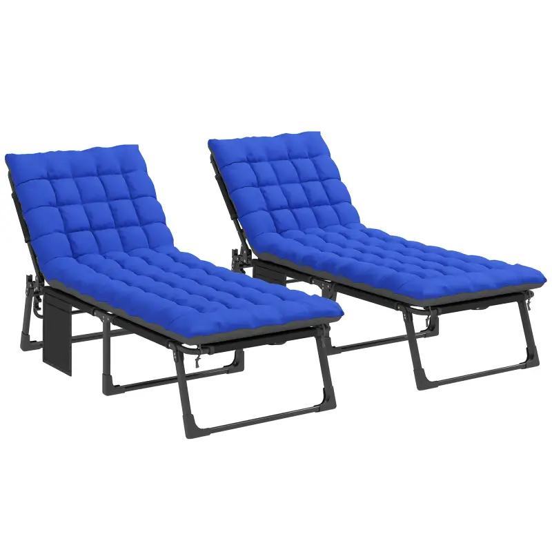 Set de 2 Tumbonas Plegables con Reposacabezas Cojines Bolsillo Lateral y Respaldo Reclinable 5 Posiciones Azul