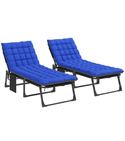 Set de 2 Tumbonas Plegables con Reposacabezas Cojines Bolsillo Lateral y Respaldo Reclinable 5 Posiciones Azul