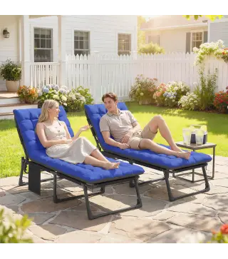 Set de 2 Tumbonas Plegables con Reposacabezas Cojines Bolsillo Lateral y Respaldo Reclinable 5 Posiciones Azul