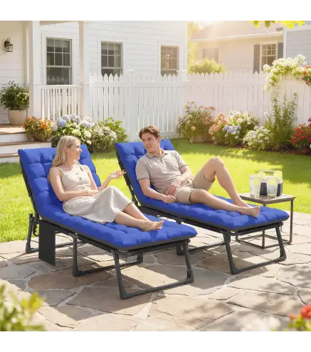 Set de 2 Tumbonas Plegables con Reposacabezas Cojines Bolsillo Lateral y Respaldo Reclinable 5 Posiciones Azul