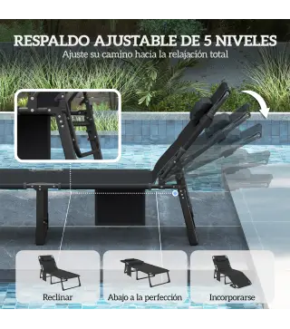 Set de 2 Tumbonas Plegables con Reposacabezas Cojines Bolsillo Lateral y Respaldo Reclinable 5 Posiciones Azul