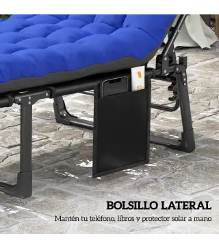 Set de 2 Tumbonas Plegables con Reposacabezas Cojines Bolsillo Lateral y Respaldo Reclinable 5 Posiciones Azul