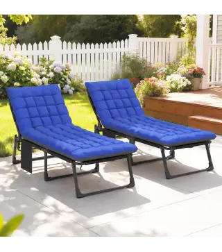 Set de 2 Tumbonas Plegables con Reposacabezas Cojines Bolsillo Lateral y Respaldo Reclinable 5 Posiciones Azul