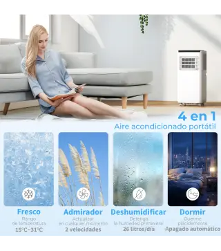 Aire Acondicionado Portátil 10.000 BTU 4 en 1 Enfriamiento Deshumidificador Ventilador con WiFi para 30 m² Blanco