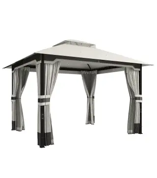 Carpa para Jardín con Techo Doble Cenador con 4 Paredes y Mosquitera para Exterior Terraza 360x300x279 cm Gris Claro