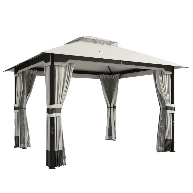 Carpa para Jardín con Techo Doble Cenador con 4 Paredes y Mosquitera para Exterior Terraza 360x300x279 cm Gris Claro