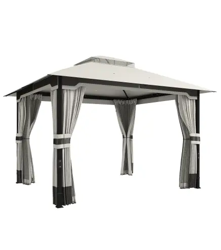 Carpa para Jardín con Techo Doble Cenador con 4 Paredes y Mosquitera para Exterior Terraza 360x300x279 cm Gris Claro