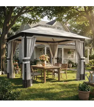 Carpa para Jardín con Techo Doble Cenador con 4 Paredes y Mosquitera para Exterior Terraza 360x300x279 cm Gris Claro