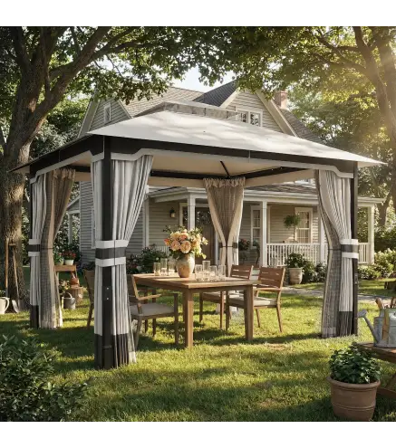 Carpa para Jardín con Techo Doble Cenador con 4 Paredes y Mosquitera para Exterior Terraza 360x300x279 cm Gris Claro