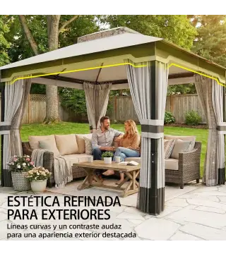 Carpa para Jardín con Techo Doble Cenador con 4 Paredes y Mosquitera para Exterior Terraza 360x300x279 cm Gris Claro