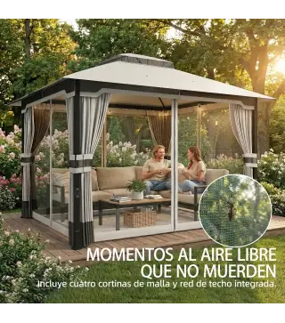 Carpa para Jardín con Techo Doble Cenador con 4 Paredes y Mosquitera para Exterior Terraza 360x300x279 cm Gris Claro