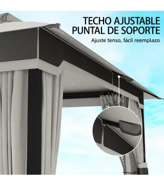Carpa para Jardín con Techo Doble Cenador con 4 Paredes y Mosquitera para Exterior Terraza 360x300x279 cm Gris Claro