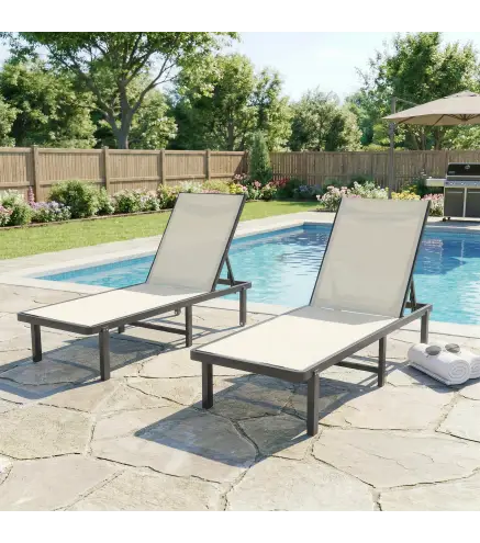 Conjunto de 2 Tumbonas Reclinables con Ruedas Respaldo Ajustable 4 Niveles Estructura de Aluminio Tela Textilene Beige
