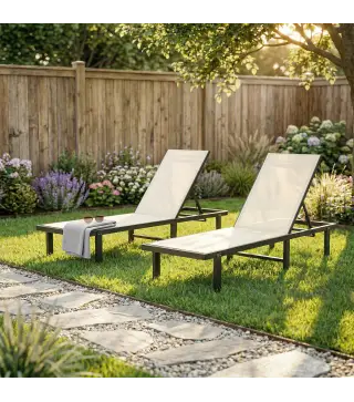 Conjunto de 2 Tumbonas Reclinables con Ruedas Respaldo Ajustable 4 Niveles Estructura de Aluminio Tela Textilene Beige