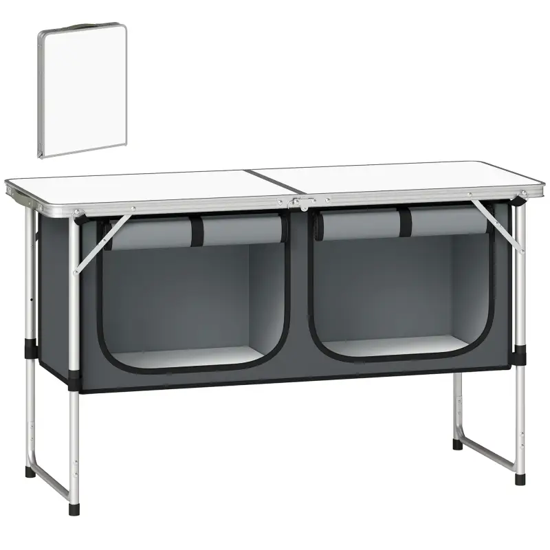 Mesa de Cocina de Camping Plegable con Armario de Tela Oxford Marco de Aluminio para Picnic 120x47x70 cm Plateado