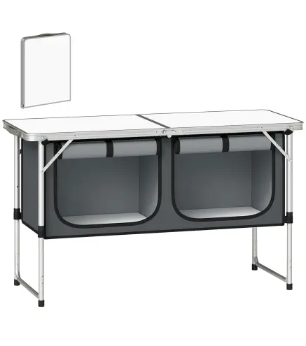 Mesa de Cocina de Camping Plegable con Armario de Tela Oxford Marco de Aluminio para Picnic 120x47x70 cm Plateado