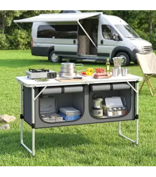 Mesa de Cocina de Camping Plegable con Armario de Tela Oxford Marco de Aluminio para Picnic 120x47x70 cm Plateado