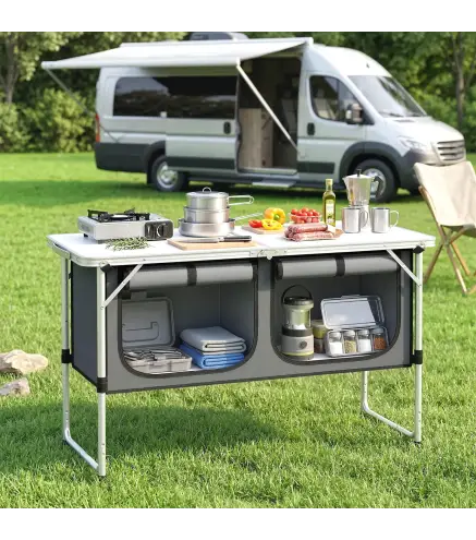 Mesa de Cocina de Camping Plegable con Armario de Tela Oxford Marco de Aluminio para Picnic 120x47x70 cm Plateado