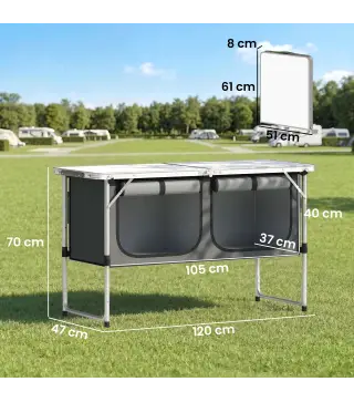 Mesa de Cocina de Camping Plegable con Armario de Tela Oxford Marco de Aluminio para Picnic 120x47x70 cm Plateado
