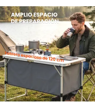 Mesa de Cocina de Camping Plegable con Armario de Tela Oxford Marco de Aluminio para Picnic 120x47x70 cm Plateado