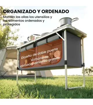 Mesa de Cocina de Camping Plegable con Armario de Tela Oxford Marco de Aluminio para Picnic 120x47x70 cm Plateado