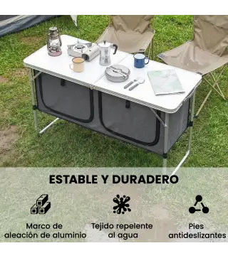 Mesa de Cocina de Camping Plegable con Armario de Tela Oxford Marco de Aluminio para Picnic 120x47x70 cm Plateado