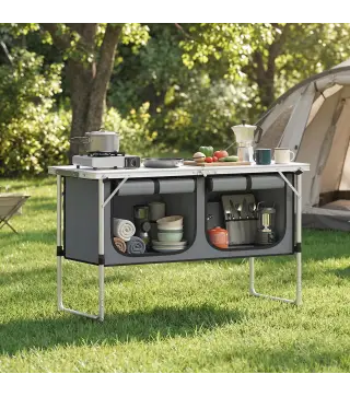 Mesa de Cocina de Camping Plegable con Armario de Tela Oxford Marco de Aluminio para Picnic 120x47x70 cm Plateado