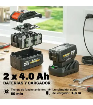 Motosierra Eléctrica Extensible 1,94-2,56 m con 2 baterías 4,0 Ah Cargador Doble Bloqueo Lubricación Automática