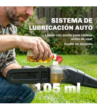 Motosierra Eléctrica Extensible 1,94-2,56 m con 2 baterías 4,0 Ah Cargador Doble Bloqueo Lubricación Automática