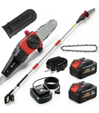 Motosierra Eléctrica Extensible 1,94-2,56 m con 2 baterías 4,0 Ah Cargador Doble Bloqueo Lubricación Automática