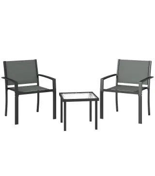 Conjunto de Mesa y Sillas de Terraza Exterior 3 Piezas con 2 Sillas de Textilene Mesa de Vidrio Templado Gris Claro