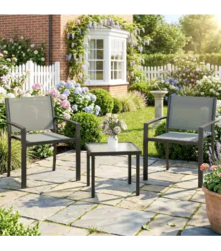 Conjunto de Mesa y Sillas de Terraza Exterior 3 Piezas con 2 Sillas de Textilene Mesa de Vidrio Templado Gris Claro