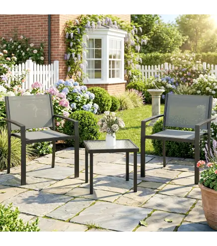 Conjunto de Mesa y Sillas de Terraza Exterior 3 Piezas con 2 Sillas de Textilene Mesa de Vidrio Templado Gris Claro